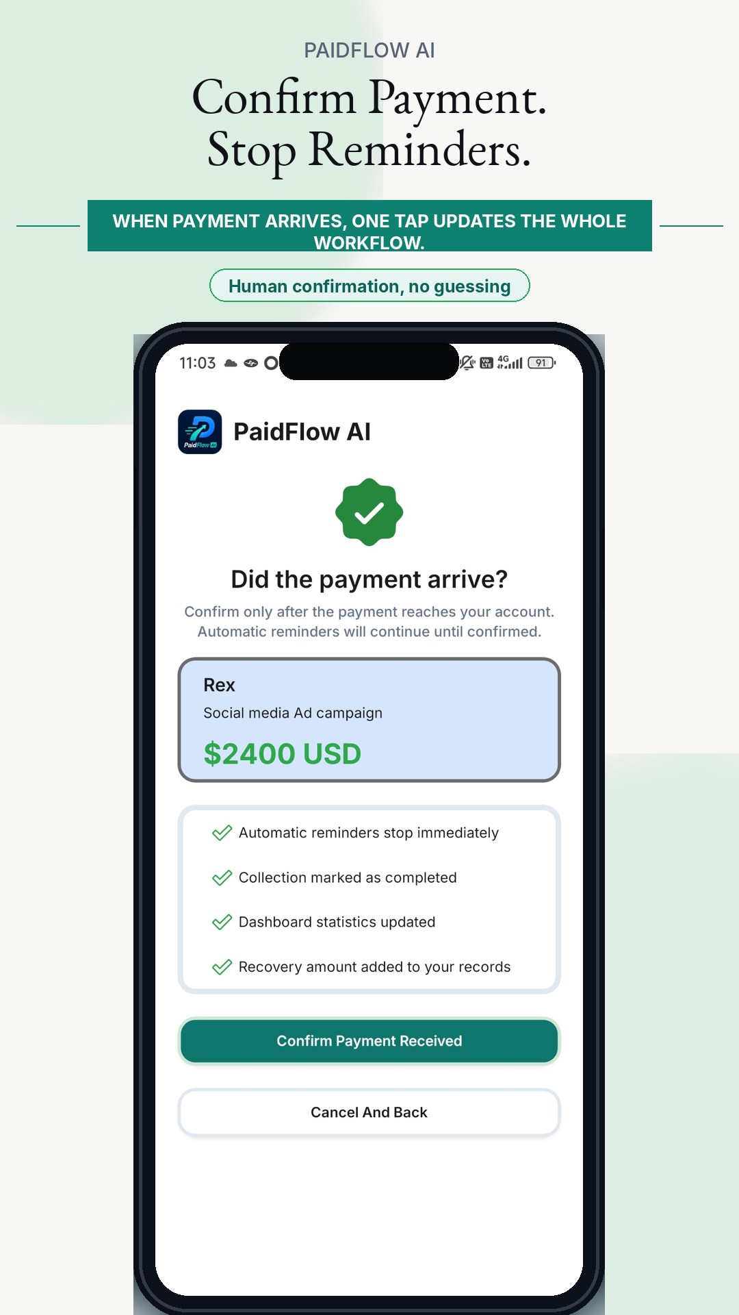 PaidFlow AI confirm payment screenshot