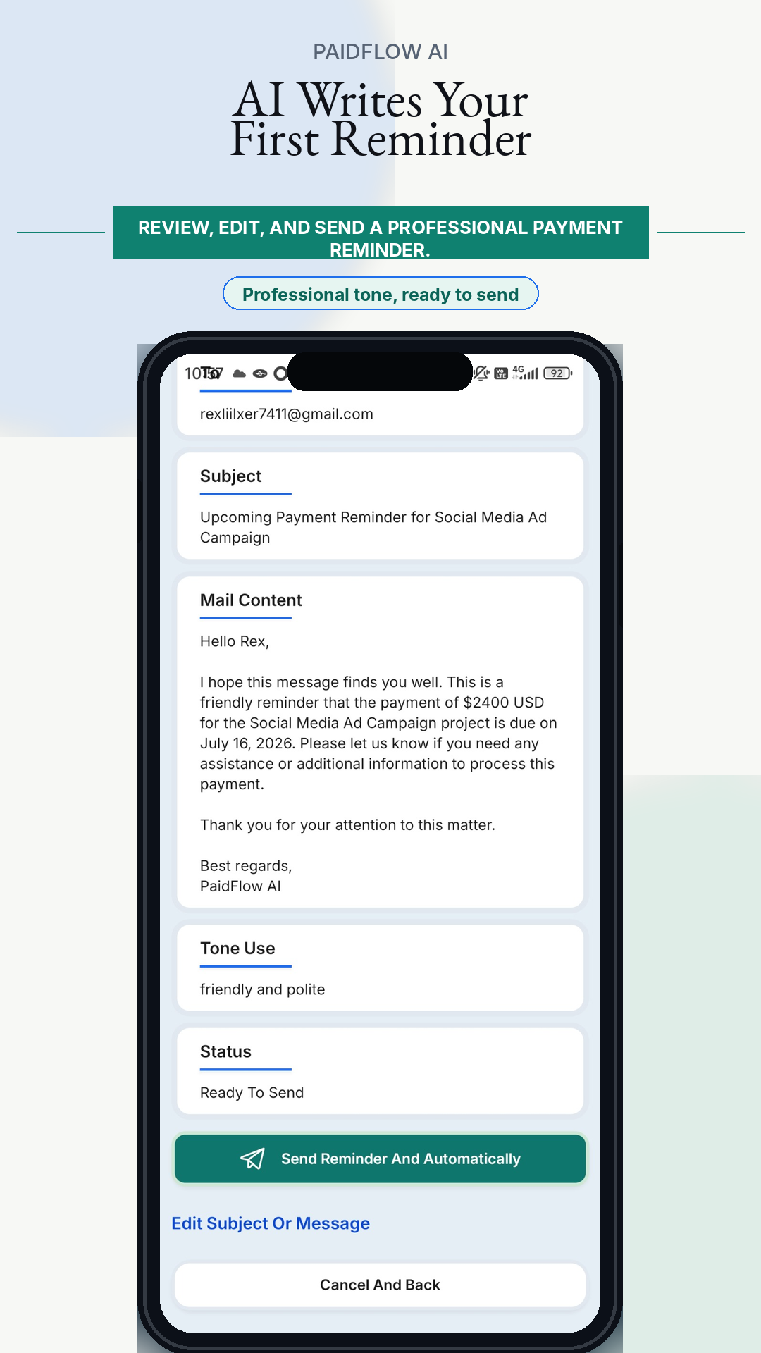 PaidFlow AI generate reminder screenshot