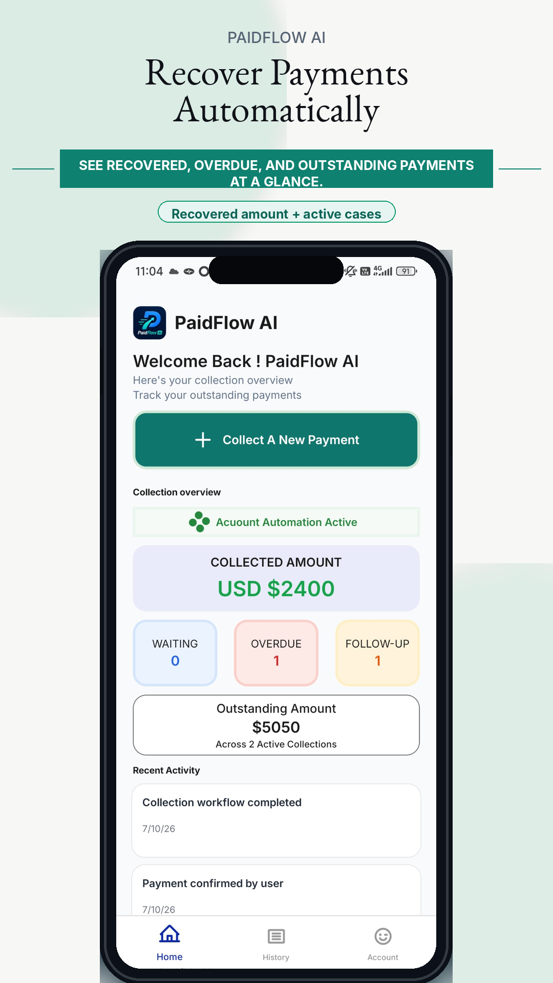 PaidFlow AI mobile dashboard showing collection cases and recovered amount